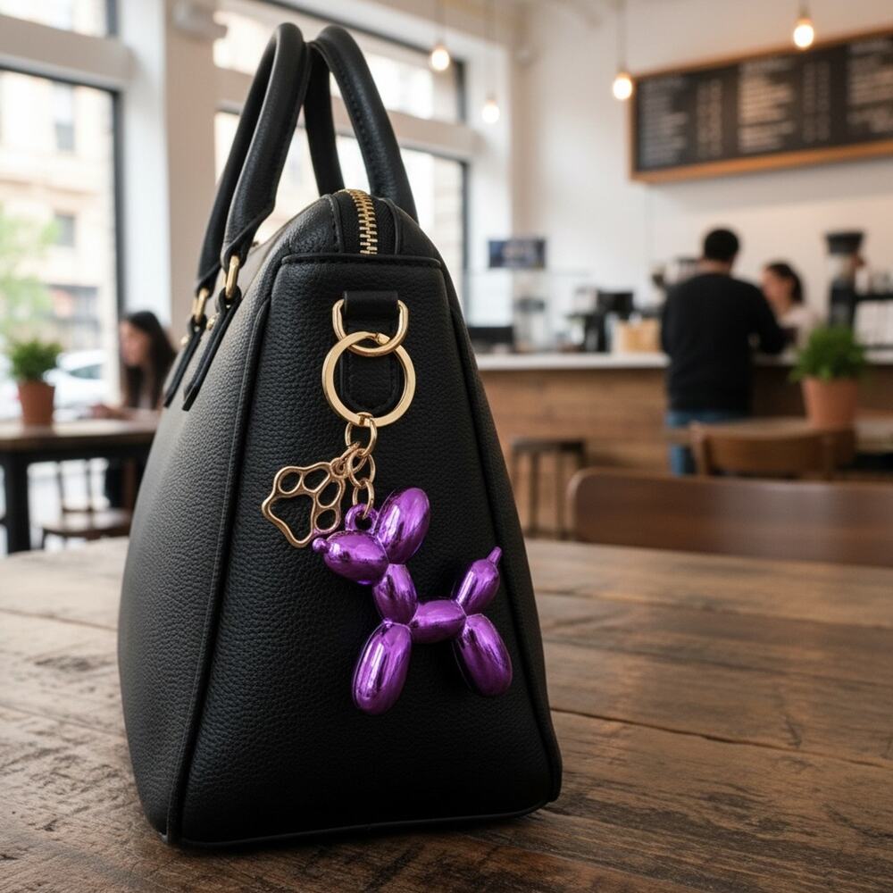 3/$25 - Purple Balloon Dog Purse Charm Keychain Gold Tone
